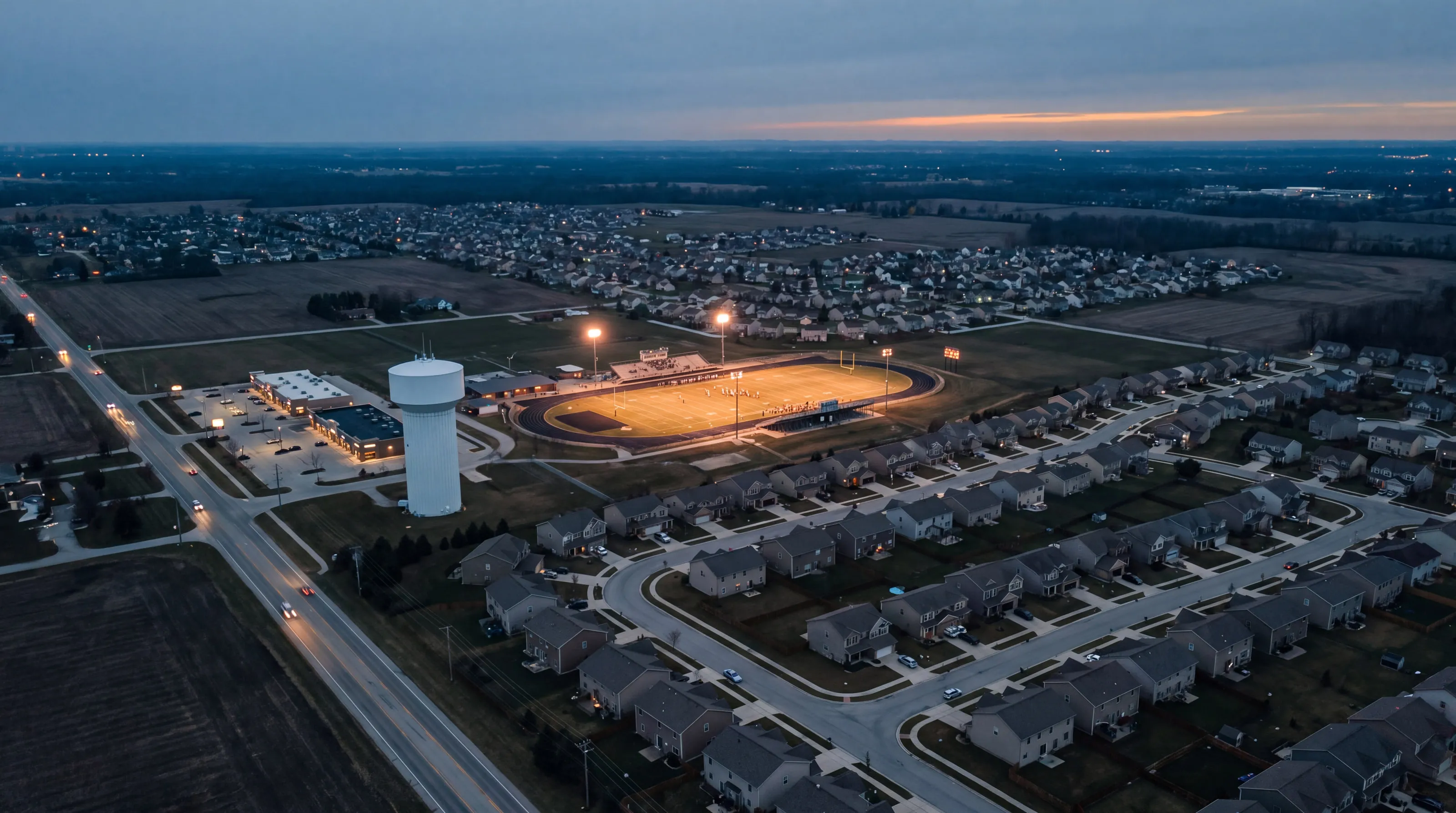 Aerial view at dusk of a suburban district where housing developments meet farmland.