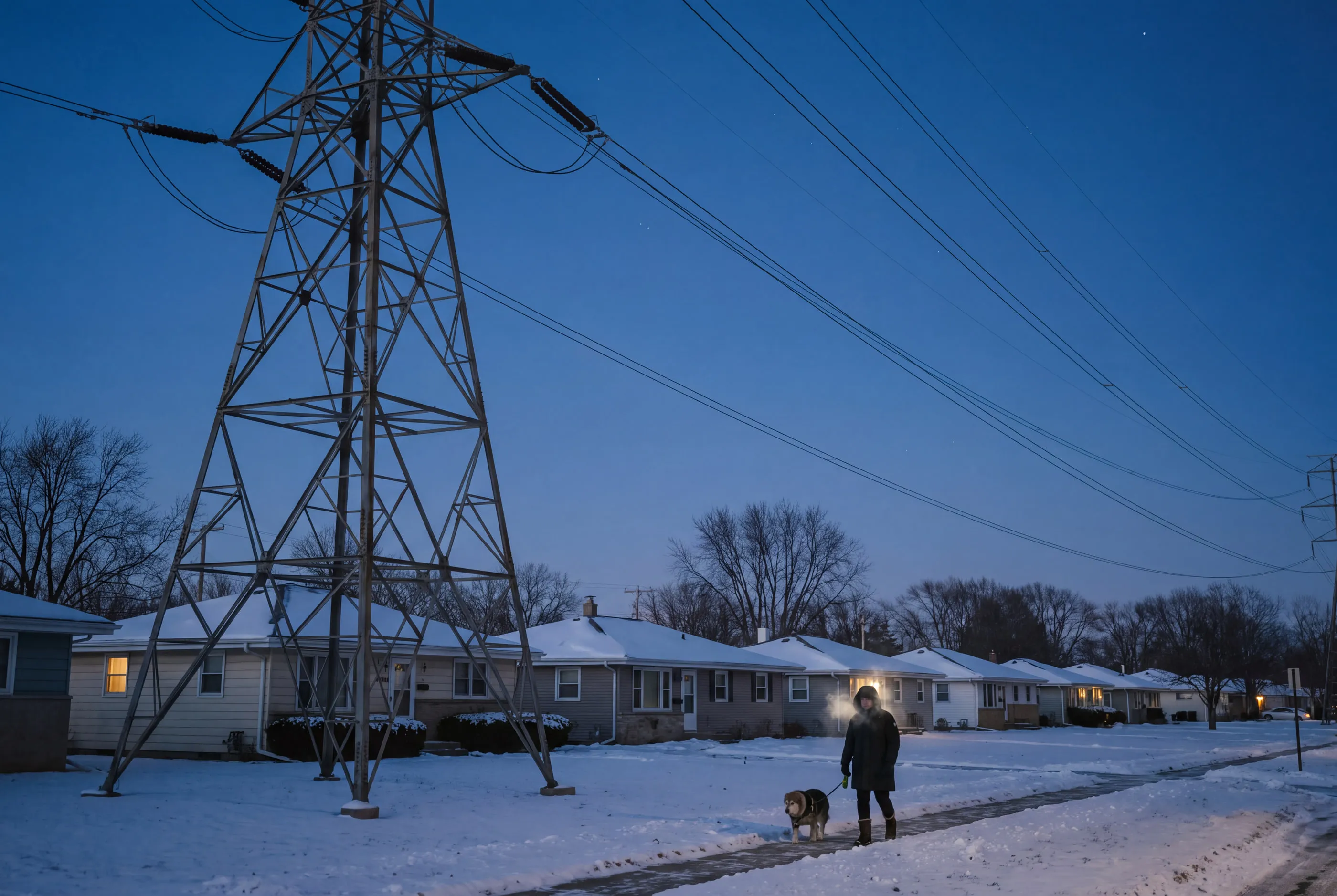 A high-voltage transmission tower looms over a snowy neighborhood at dusk as someone walks a dog.