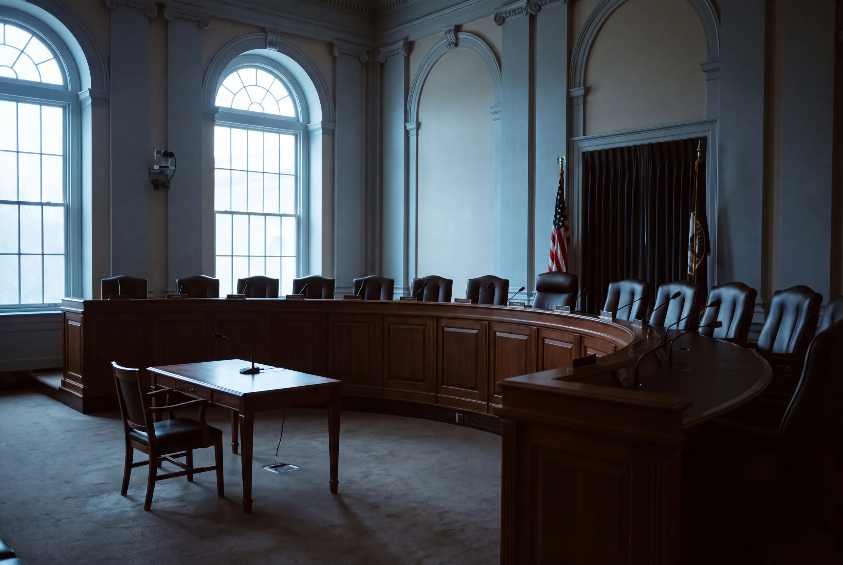 An empty congressional hearing room with a single witness table facing the dais.