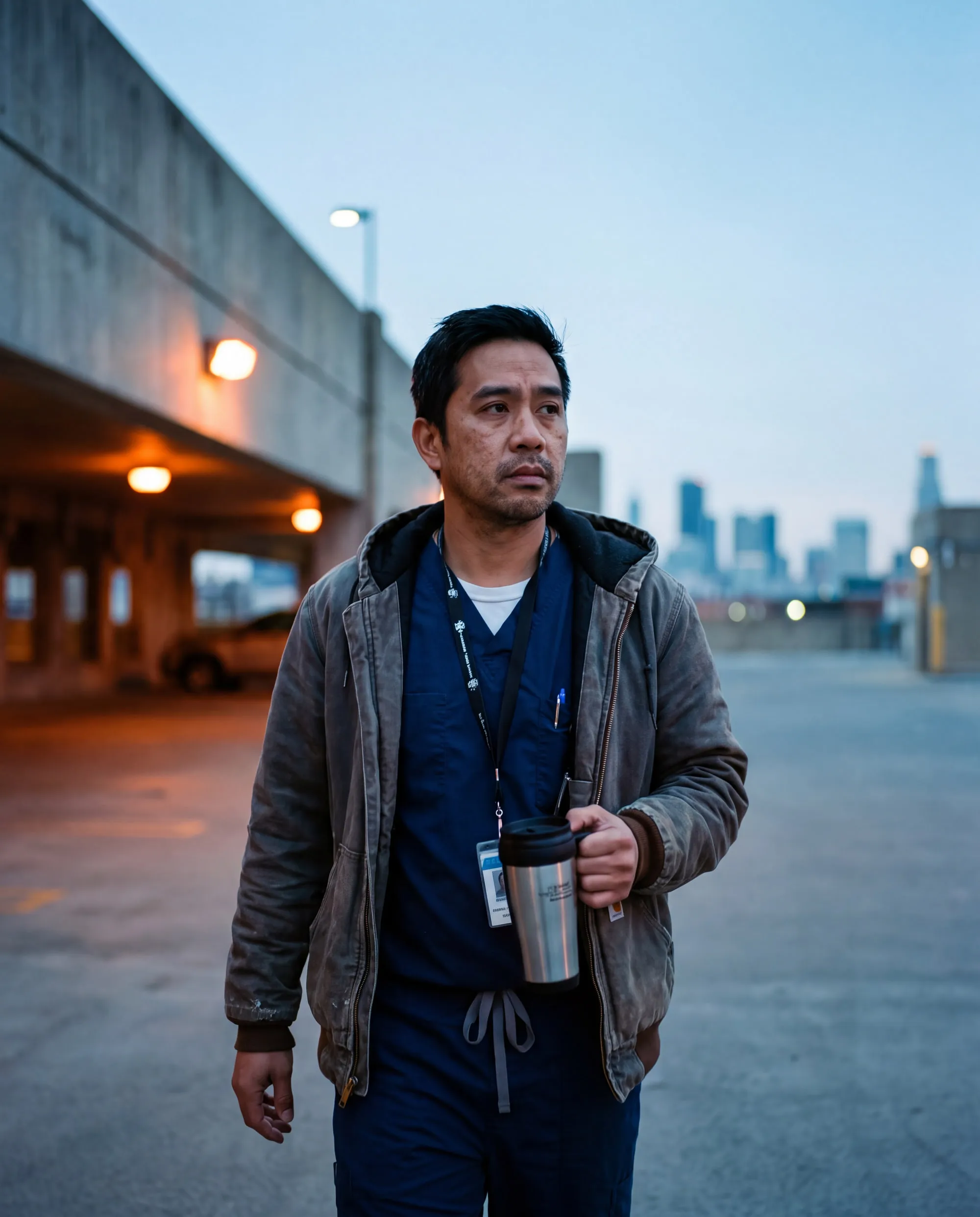 A nurse in scrubs holding a travel mug walks out of a hospital garage at dawn.