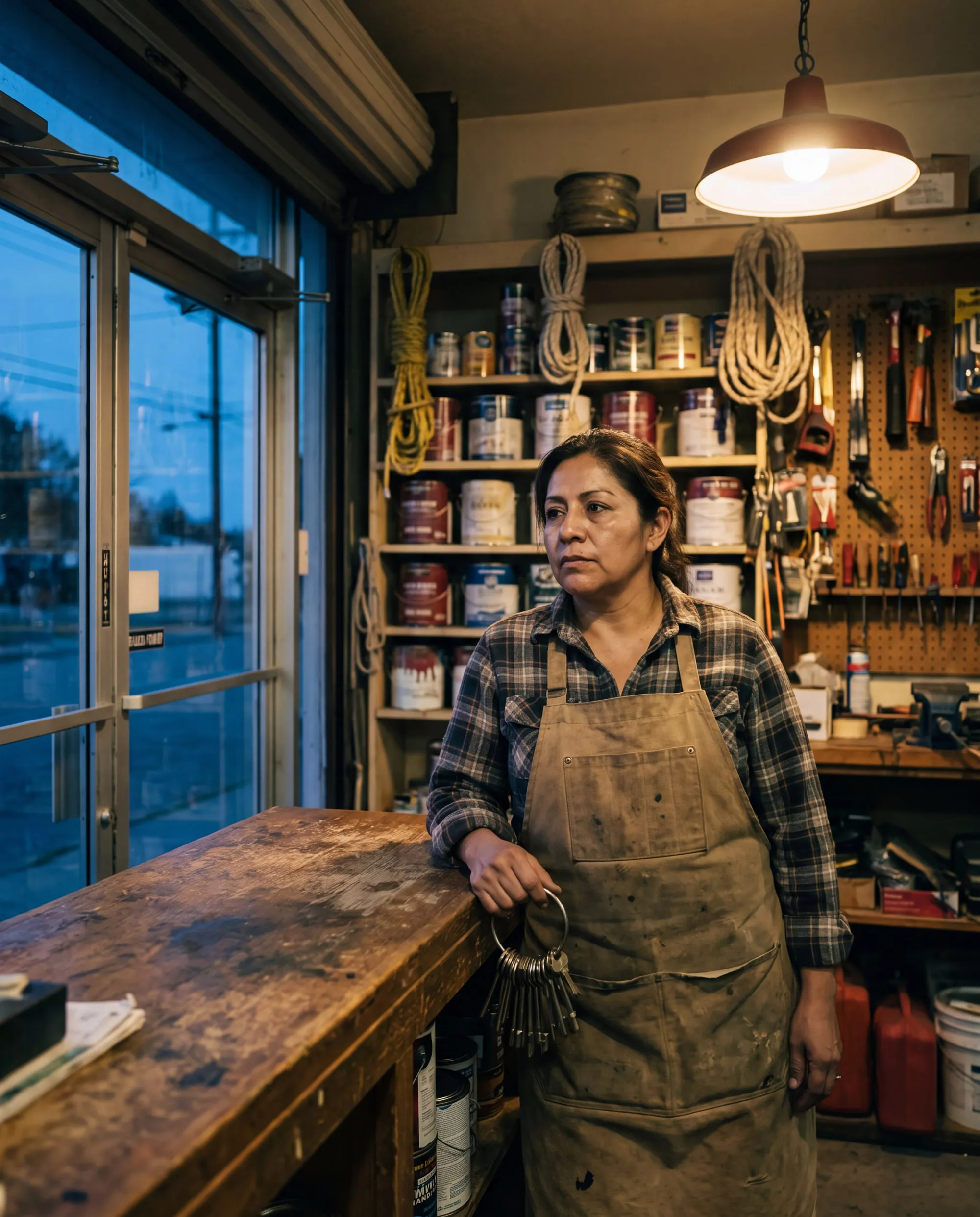 The owner of a small hardware store stands behind her counter at closing time.