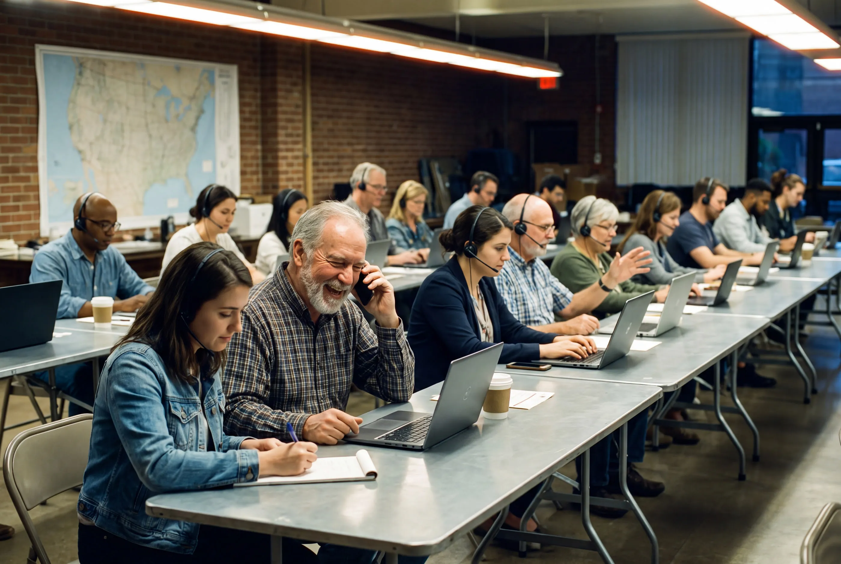 Volunteers with headsets and laptops make calls at long tables in a union hall.