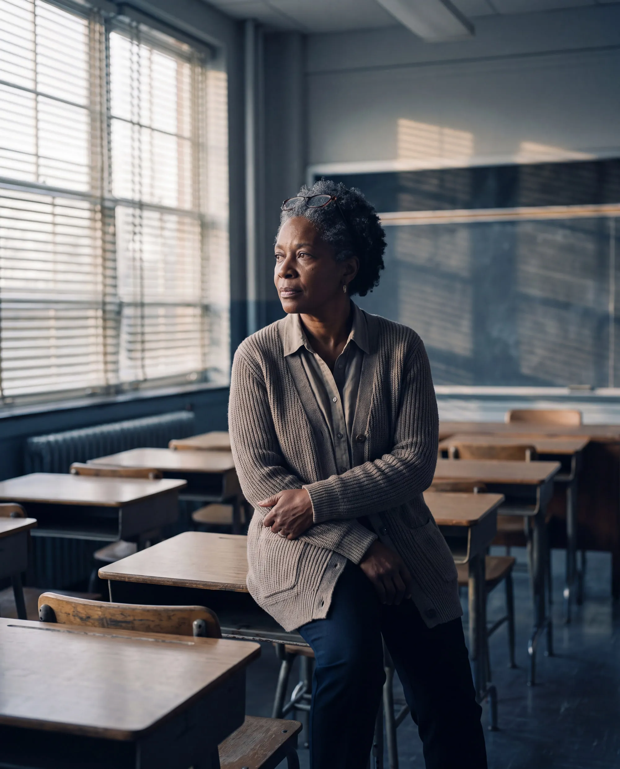 A teacher sits on a desk in her empty classroom after school, looking out the window.