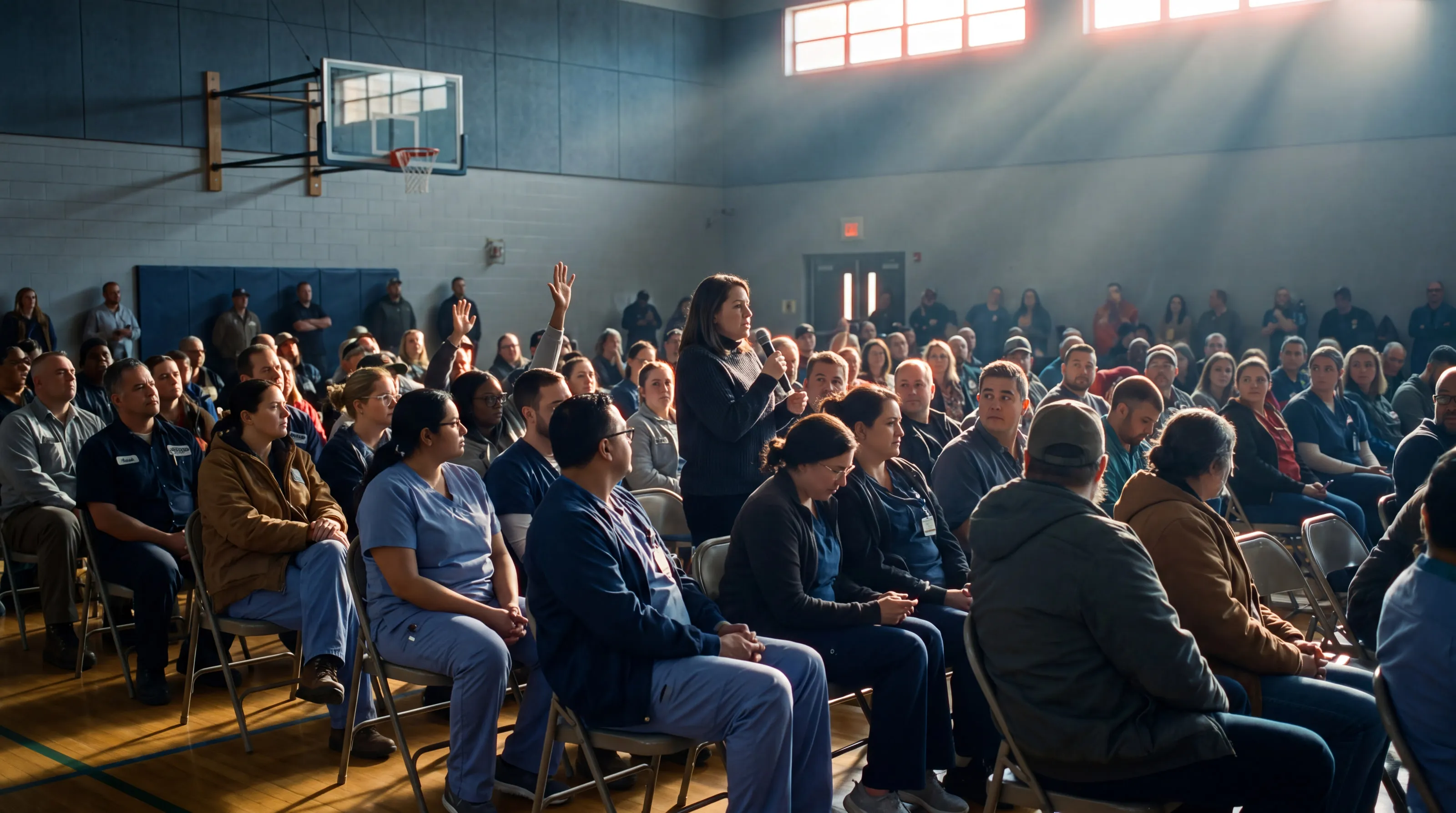 Neighbors fill folding chairs in a school gym for a community meeting while a woman stands to speak.