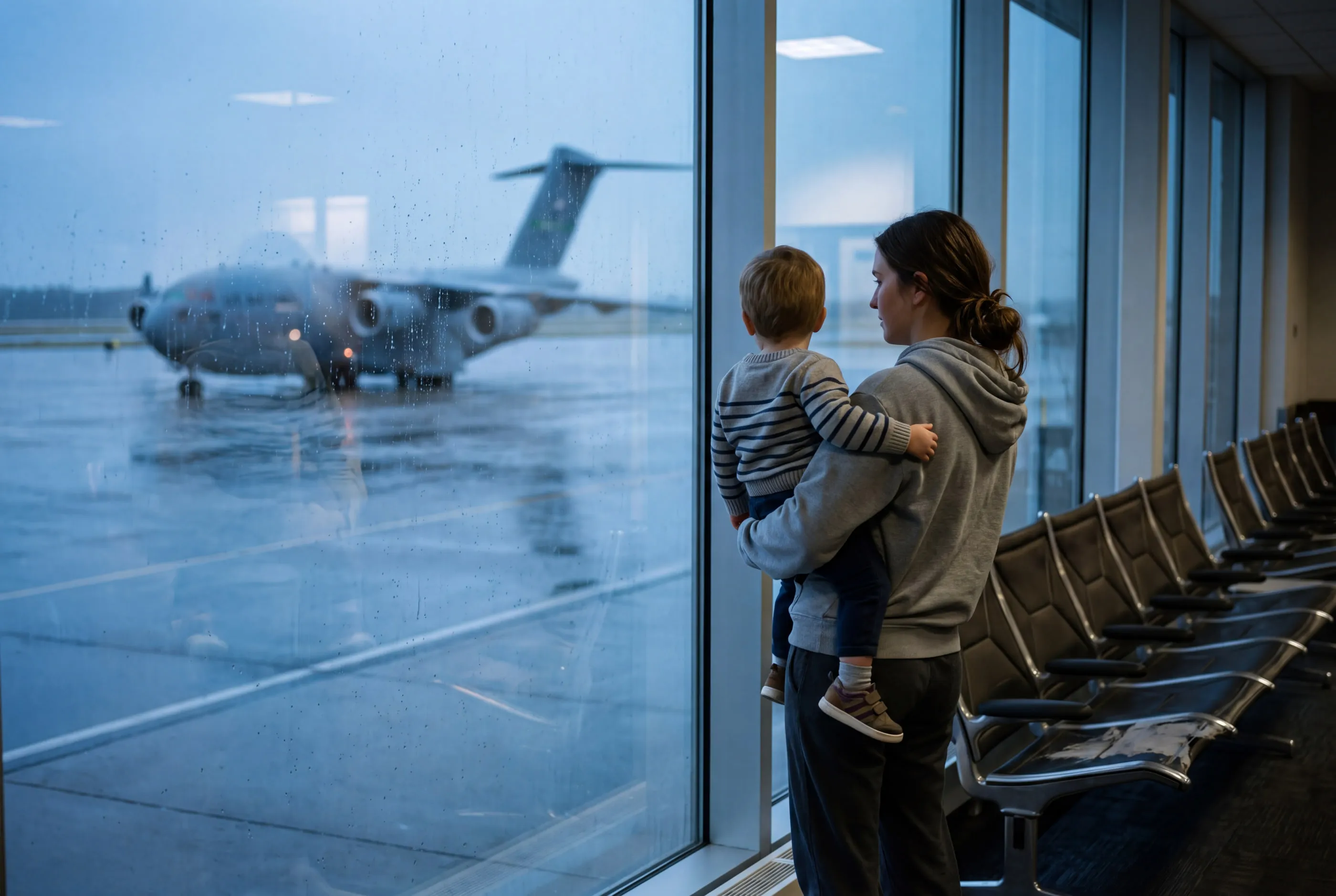 A mother holding her young son watches a military transport plane from an airport window at dawn.